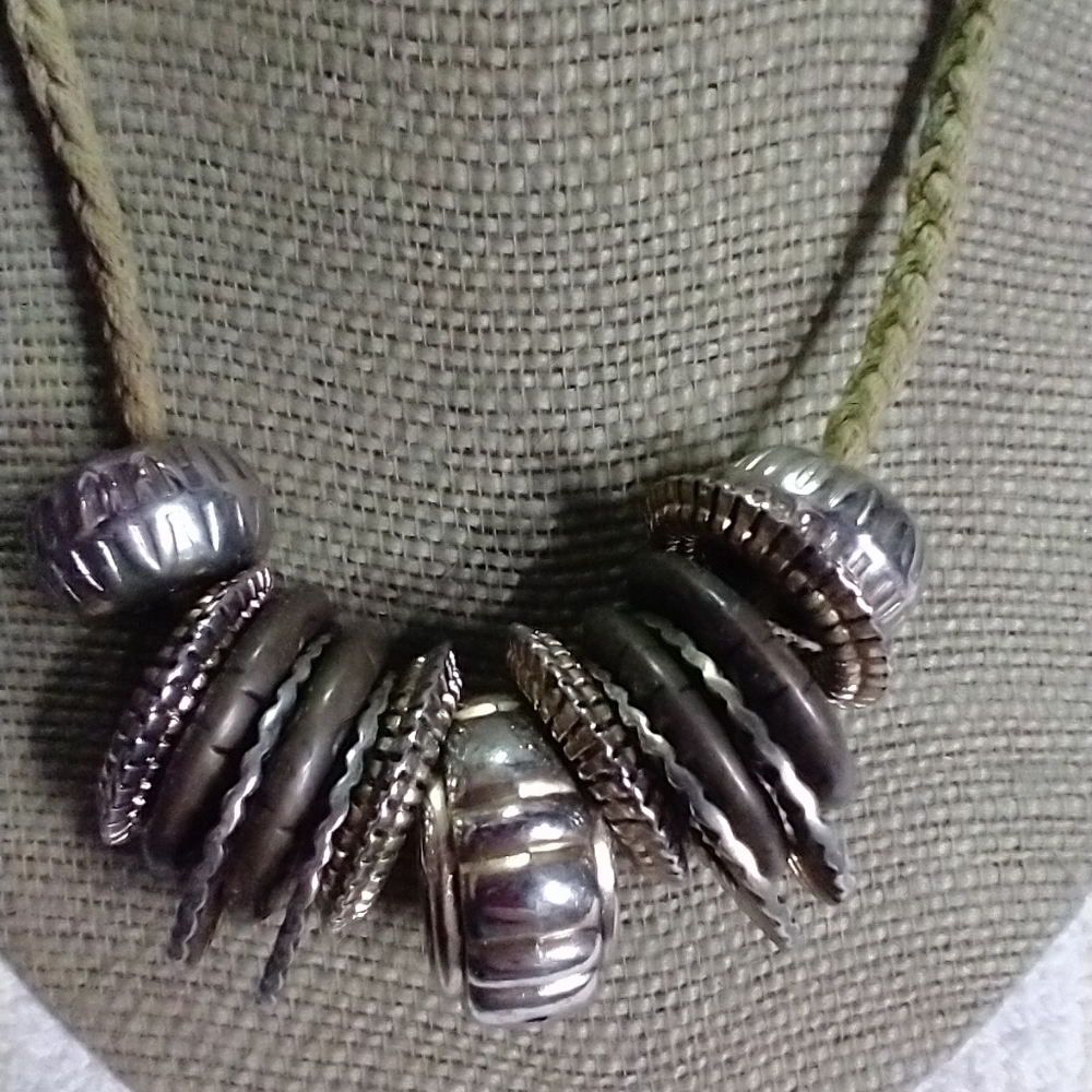 Silvertone green braided cord necklace